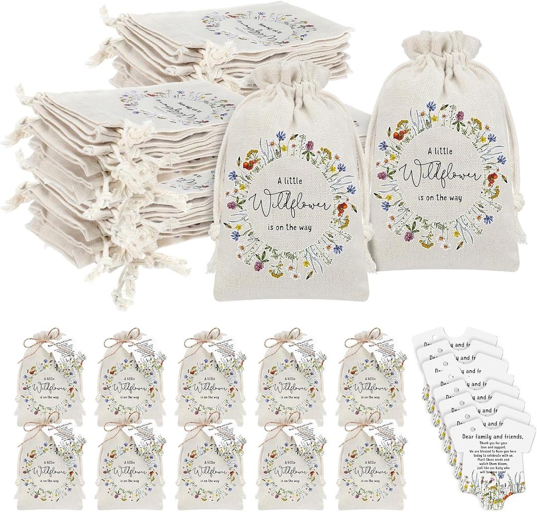 Fumete 50 Sets Wildflower Baby Shower Seed Packets Party Favors for Guests Baby in Bloom Favors Decorations Burlap Bags with Drawstring Thank You Cards and Twine, No Seeds (Wildflower)