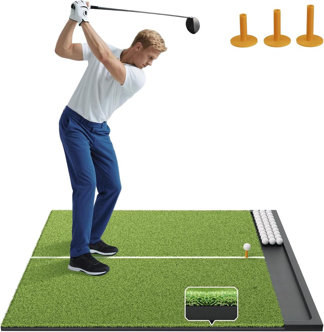 Golf Hitting Mat with Ball Tray, 5x4 / 6x4 ft, 26mm / 31mm Thick, Pro & Elite Turf with Swing Path Line, Premium Golf Practice Mat for Indoor & Outdoor Swing, Chipping, Training