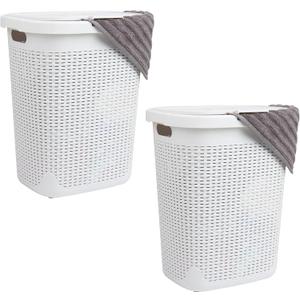 Mind Reader 50L Slim Laundry Hamper, Clothes Basket, Lid, Wicker Design, Plastic, 17.65"L x 13.75"W x 21"H, Set of 2, White