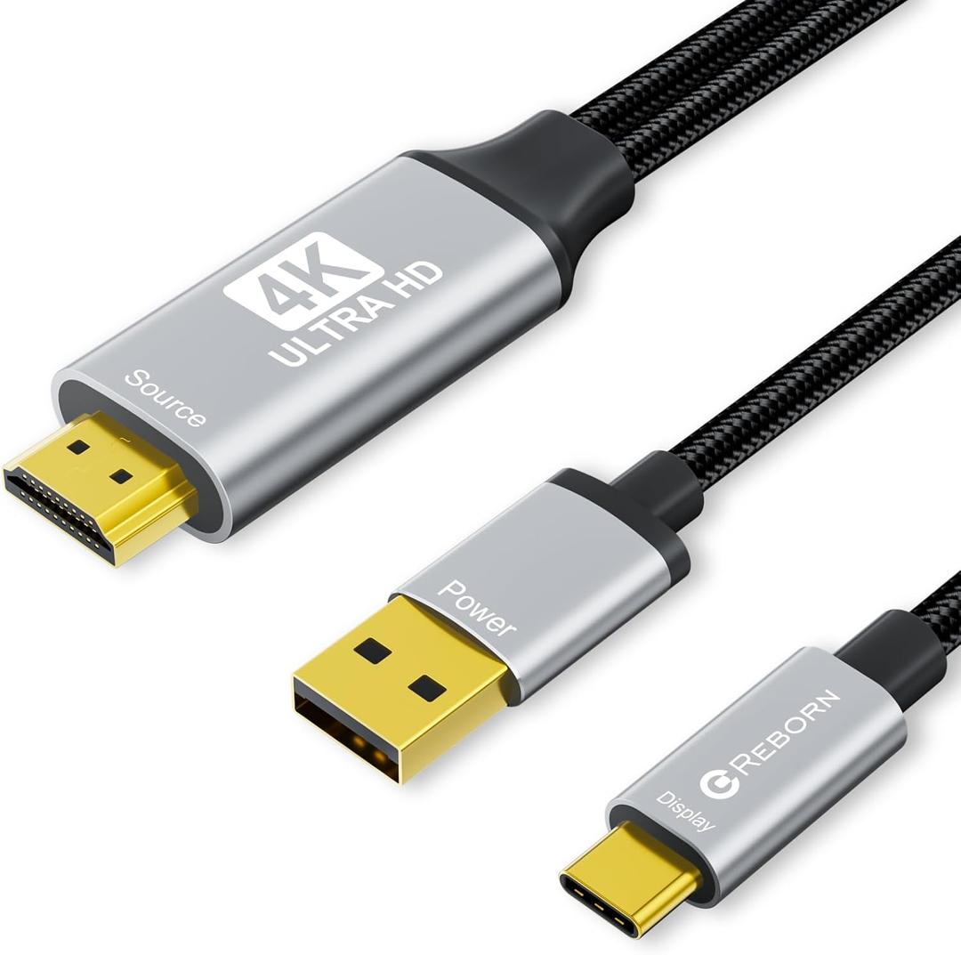 Reborn HDMI to USB C Cable Adapter [6FT 4K@60Hz], Uni-Directional HDMI (Source) to USB-C (Monitor) with USB Power for AR Glasses XREAL OneAir 2 Pro/VITURE Pro/RayNeo Air 2s,PS5,Portable Monitors