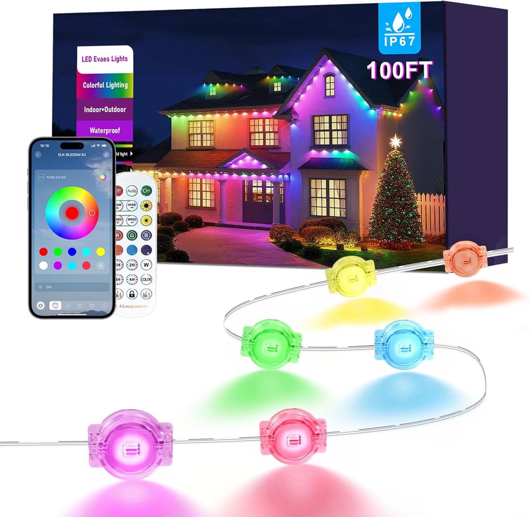 100FT Permanent Outdoor Lights for House, RGB LED Waterproof Smart Eave Lights Outdoor with Smart APP Remote Control, Outside Eaves Lighting House Decor for Holiday, Christmas, Roof, Party, Daily