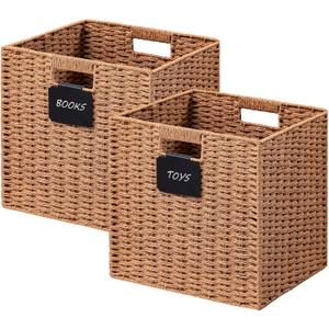 UBBCARE 2 Pack Wicker Basket, 1313 Storage Cubes with Label, Foldable Cube Storage Bin with Handle, Square Storage Basket for Shelves, Woven Paper Rope Basket for Organizing, Caramel