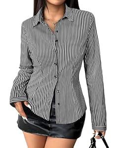Gleeivy Striped Button Down Shirts for Women Dress Shirt Slim Fit Long Sleeve Casual Collared Work Blouse Y2K Fall Outfits L