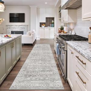 Soalmost Washable 2.5'x8' Runner Rugs for Hallway, Kitchen Runner Rugs with Rubber Backing Vintage Non-Slip Soft 2'6"x8' Carpet Runner for Entryway Laundry Bedroom Farmhouse Grey