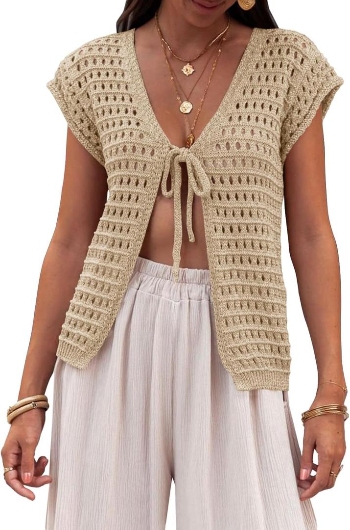 Saodimallsu Womens Tie Crochet Shrug Short Sleeve Open Front Lightweight Knit Cropped Cardigan Sweaters Cover Up (Small, Apricot)
