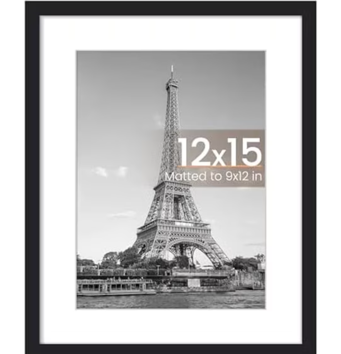 12 x 15 Frame, Display Pictures 9x12 with Mat or 12x15 Without, Wall Hanging Photo Frame, Black, 1 Pack