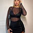 Women's Mesh Tops See Through Shirts Long Sleeve Bodycon Sheer Blouse Clubwear (Black, S)