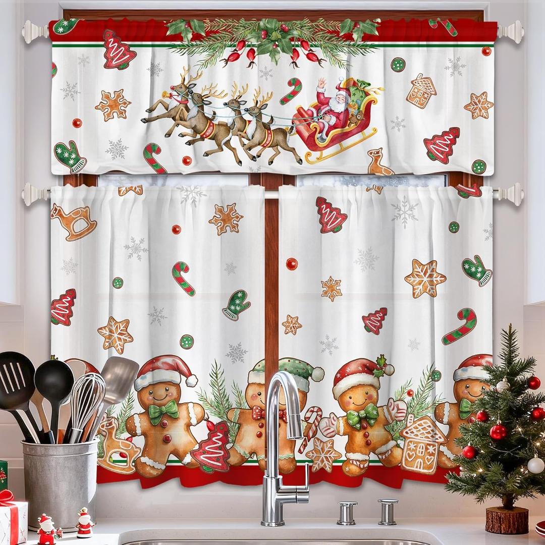 Christmas Kitchen Curtains Valances Set 3 PCS, Gingerbread Man Xmas Kitchen Decor for Bahtroom, Laundry Short Curtains 54" w x 36" L and 27" w x 36L
