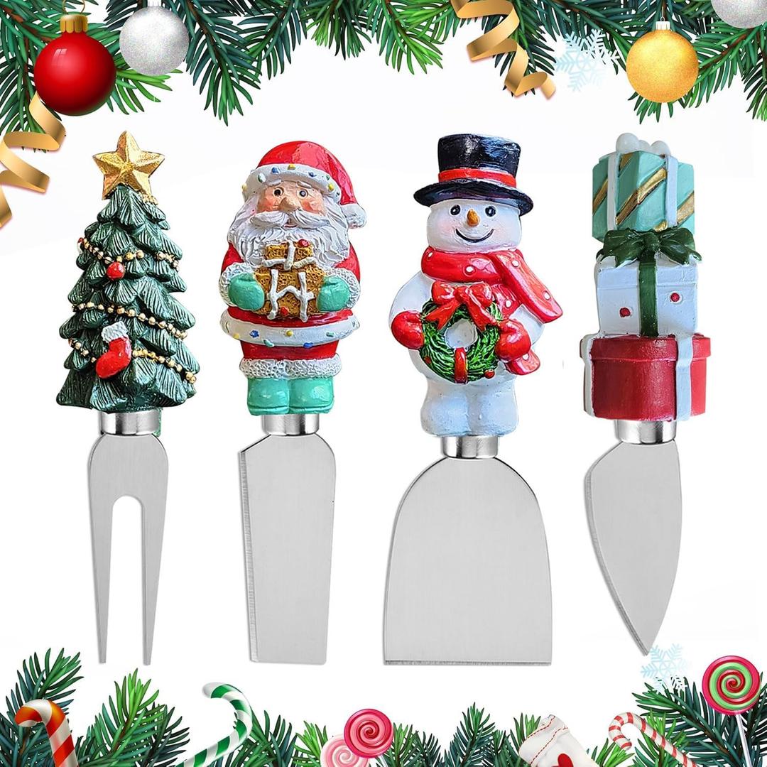 4-Piece Hand Christmas Resin Handles Cheese Knives, Xmas Charm Cheese Spreader Knife for Charcuterie Board Tools