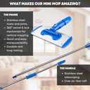 9" Flexible Mini Microfiber Mop System | Adjustable Stainless Steel Handle | 2 Reusable Microfiber Mop Pads | Machine Washable | Wet Mop for Hardwood, Laminate, Concrete, Tile, Stone, Vinyl Floors