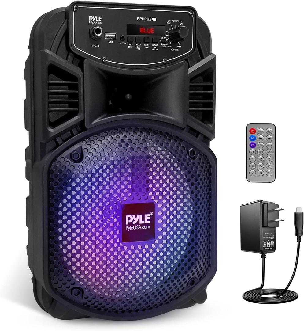 Pyle Portable Bluetooth PA Speaker System-300W Rechargeable Indoor/Outdoor Bluetooth Speaker Portable System w/ 8 Subwoofer 1 Tweeter, Microphone in, Party Lights, MP3/USB, Radio, Remote PPHP834B
