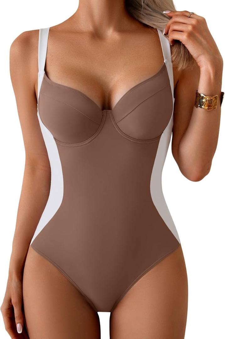 B2prity Bathing Suit for Women Slimming Push Up One Piece Swimsuit Lace Up Back Color Block Swimwear (XX-Large, Brown, White)