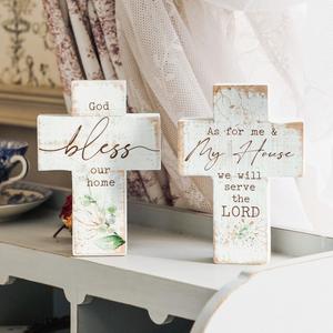 Wood Wall Cross Set of 2 Distressed Whitewashed Wooden Cross Crucifix Spring Style Christian Catholic for Farmhouse Home Living Room Table Decor