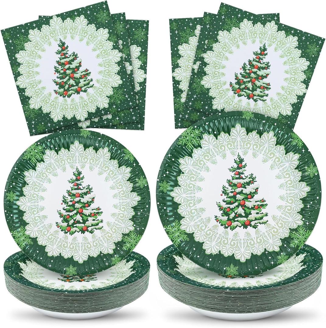 ZVK Christmas Paper Plates and Napkins Set 150 Party Dessert Plates, Dinner Plates, Paper Napkins Disposable Dinnerware for Christmas Party Supplies Green Xmas Tree Tableware