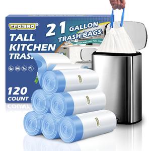 21 Gallon Trash Bags Drawstring 120 Count, 1.7 Mil White Garbage Bags Unscented,Easy-Dispense Roll for Kitchen & Household Use, Code G,79.5 L