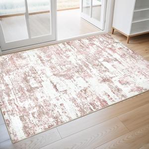 Hallway Washable Runner Rug: 3x5 Abstract Modern Soft Stain Resistant Non-Slip Backing Runner for for Entryway Kitchen Laundry Living Bathroom - Pink