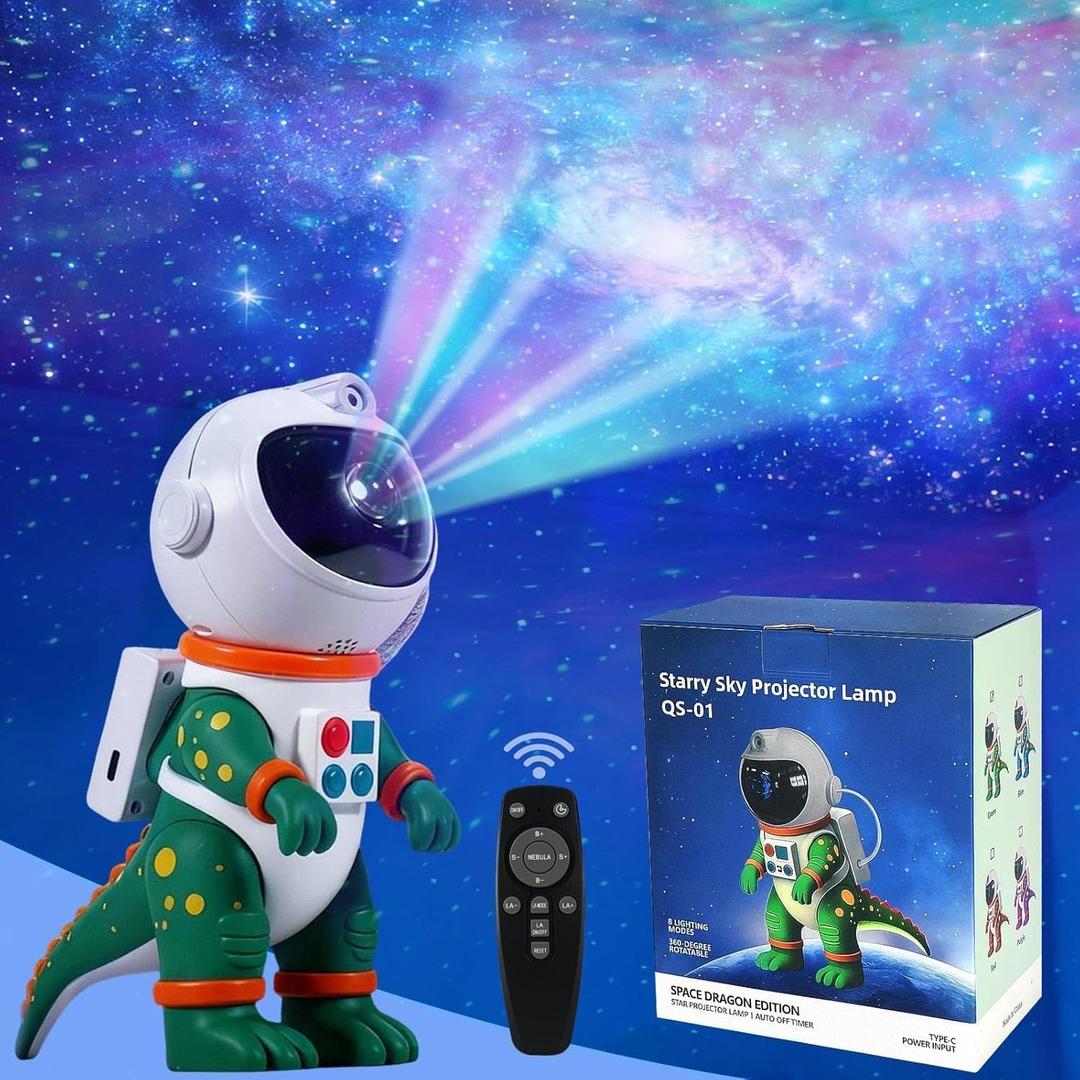 Galaxy Star Projection Night Light, Dinosaur Astronaut Space Projector with Timer, Remote Control, 8 Lighting Modes, Green Nebula Effects for Kids Room Ceiling Decor(Green)