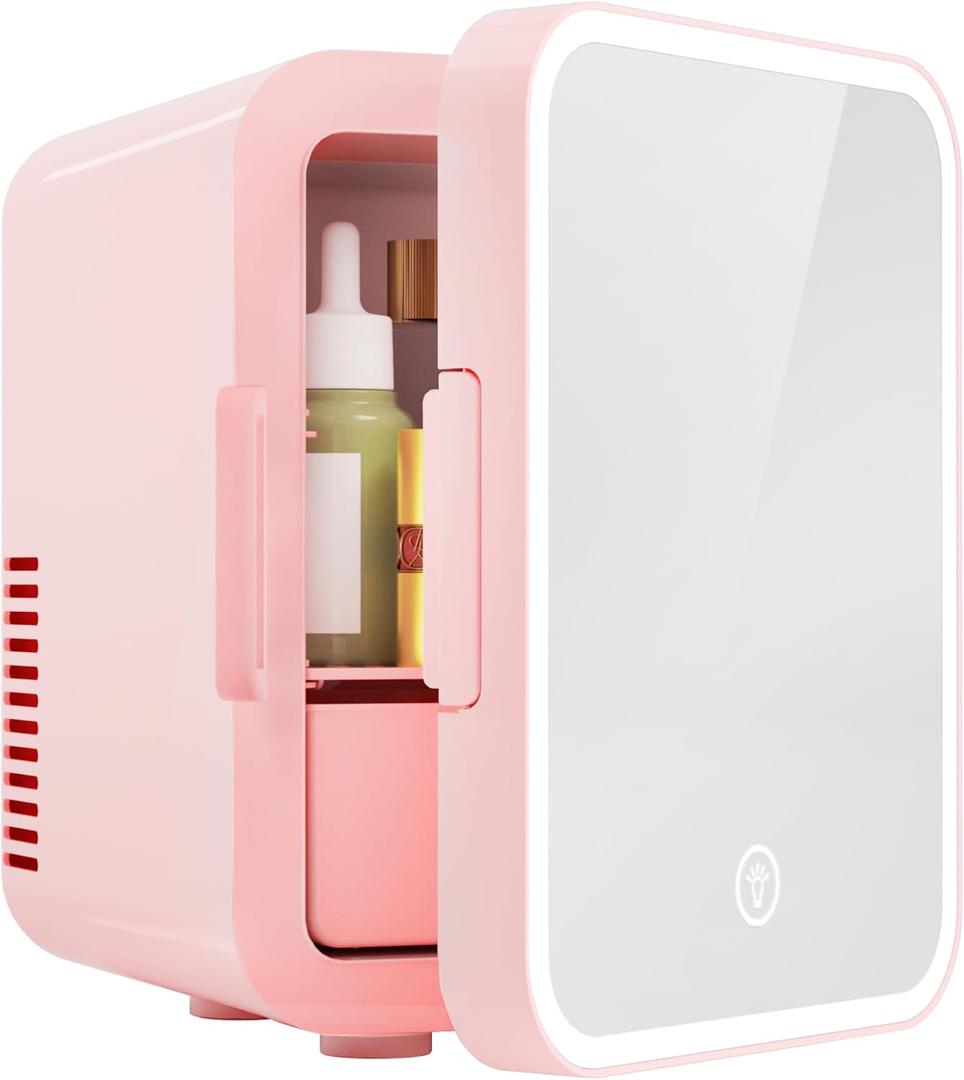 EUHOMY Mini Fridge, 5L AC/DC Small Refrigerator with Dimmable LED Mirror, Portable Cooler and Warmer for Skin Care, Cosmetics, Beverage, 5L Makeup Mini Skincare Fridge for Bedroom, Car, Office, Pink