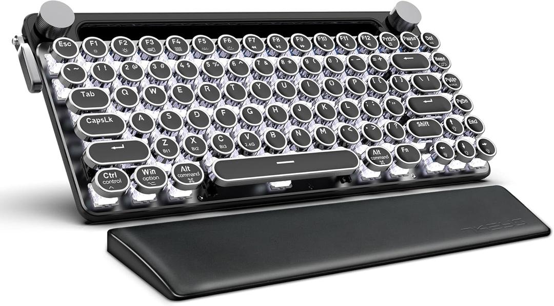 7KEYS Typewriter Keyboard Wireless Retro Style, Vintage Classical Round Keys Metal Mechanical Keyboard with Bluetooth5.0 and Wired for IPAD PC/Laptop Mac/Phone (Black Mini)