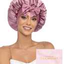 100% Mulberry Silk Bonnet for Sleeping Women Double Layer Silk Hair Bonnet Natural Silk Sleep Cap with Elastic Reversible Hair Wrap (Bean Paste + Light Pink)