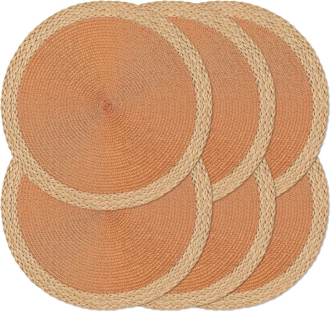 Noctiflorous Round Placemats Set of 6, 15 Inch Braided Hand Woven Table Mats, Heat Resistant Non-Slip Wipeable Wide Edge Place Mats for Kitchen Dining Indoor Outdoor Use(Orange, 6)