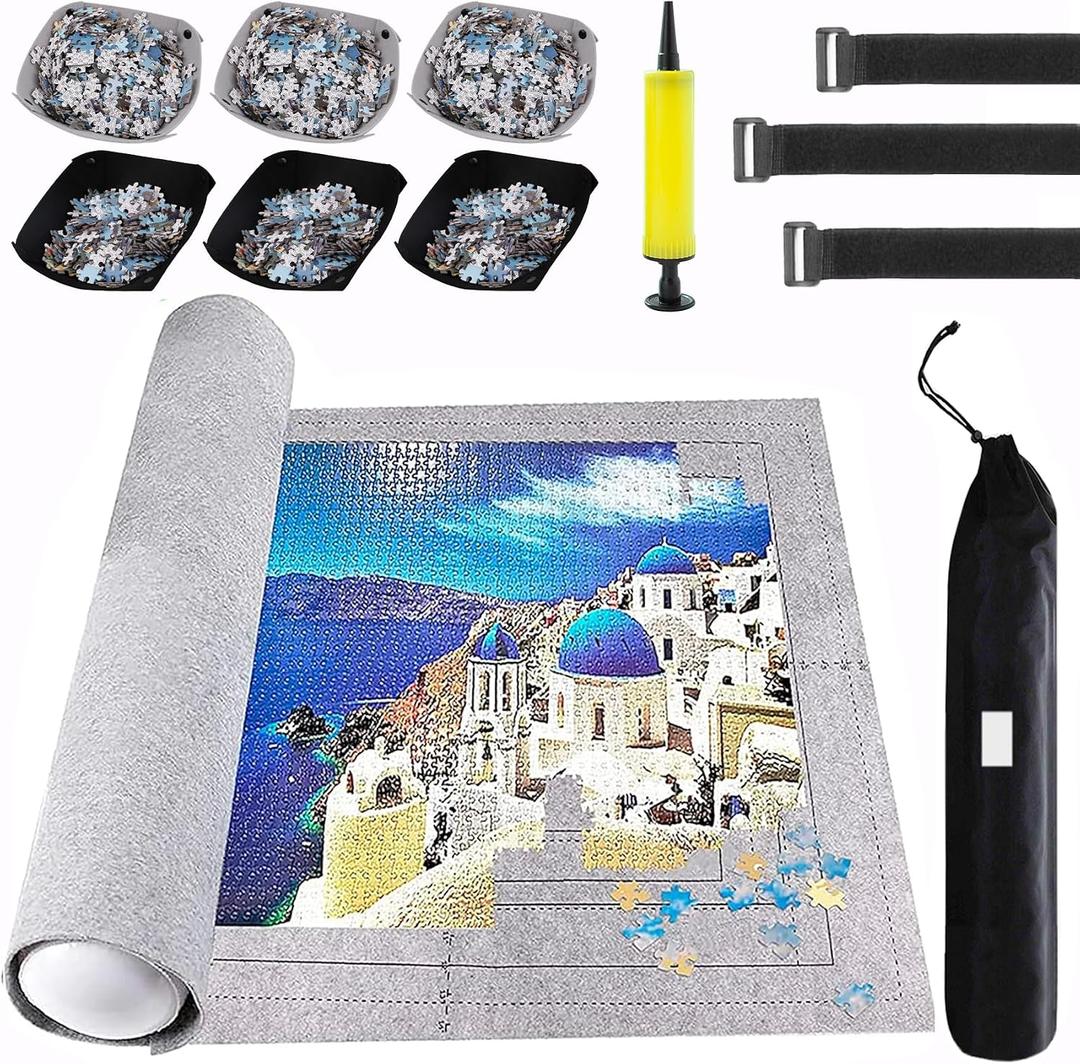 Puzzle Mat Roll Up for 3000 2000 1500 Pieces Jigsaw Puzzles, Large Portable Pad Table Non-Slip Board Saver Mats with 6 Sorting Trays, Inflatable Tube, 3 Straps, Keeper Storage Bag, Adults Gifts