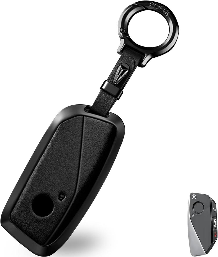 OLLEN Metal Key Fob Cover, Fit for BMW 2023 2024 2025 2026 New 5/7 Series 740i 760i X1 X2 X3 X5 X6 X7 XM I5 I7 IX IX3 etc, Full Protection Key Case with Zinc Alloy Keyring, Black