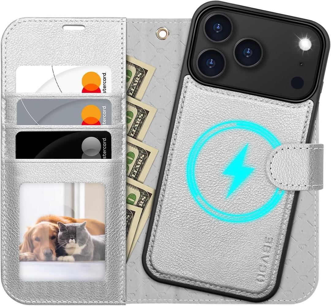 OCASE for iPhone 17 Pro Detachable Wallet Case with Card Holder, 2 in 1 PU Leather Flip Folio with RFID Blocking Stand Wrist Strap Shockproof Phone Cover 6.3 Inch 2025, Silvery