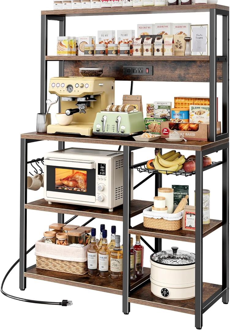 SUPERJARE Bakers Rack with Power Outlet, 35.4 Inches Coffee Bar with Wire Basket, Kitchen Microwave Stand with 6 S-Shaped Hooks, Open Storage Shelves, Rustic Brown SUPERJARE Bakers Rack with Power Outlet, 35.4 Inches Coffee Bar with Wire Basket, Kitchen Microwave Stand with 6 S-Shaped Hooks, Open Storage Shelves, Rustic Brown