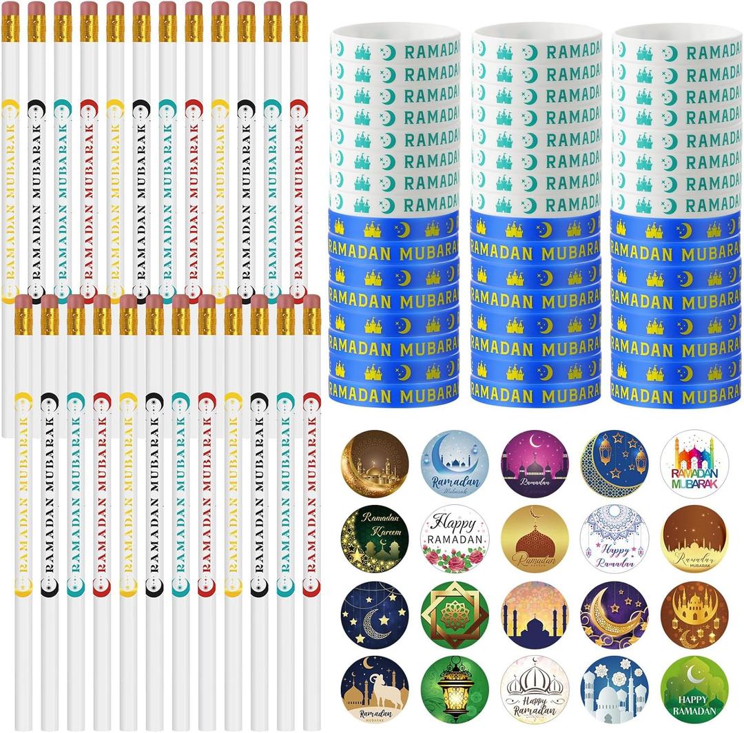 496 Pcs Ramadan Gifts Eid Ramadan Pencil Wristband Sticker Set Including 48 Pencil 48 Wristband 400 Sticker for Mubarak Party Decorations Gifts(Classic)