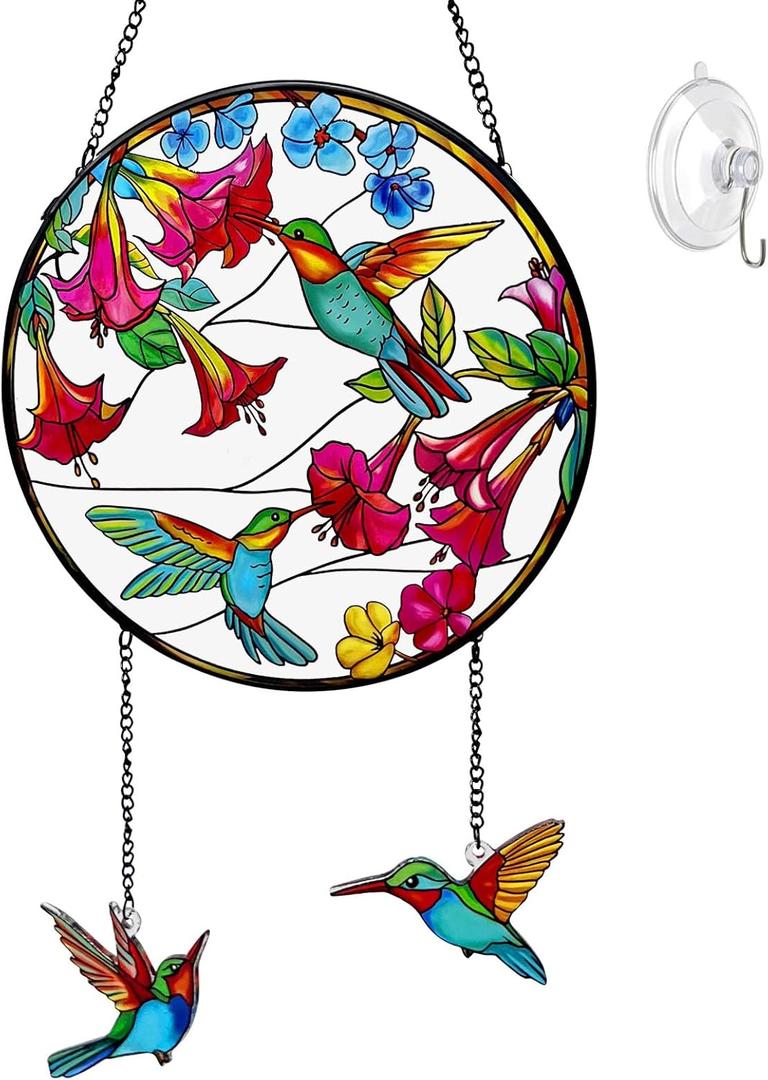 Stained Glass Suncatcher for Window, Marzovitra 8 inch Hummingbird Sun Catcher Hanging with Flowers & 2 Dangling Charms Real Glass Window Decor, Garden Hanging Art Gift for Women, Mom, Nature Lovers