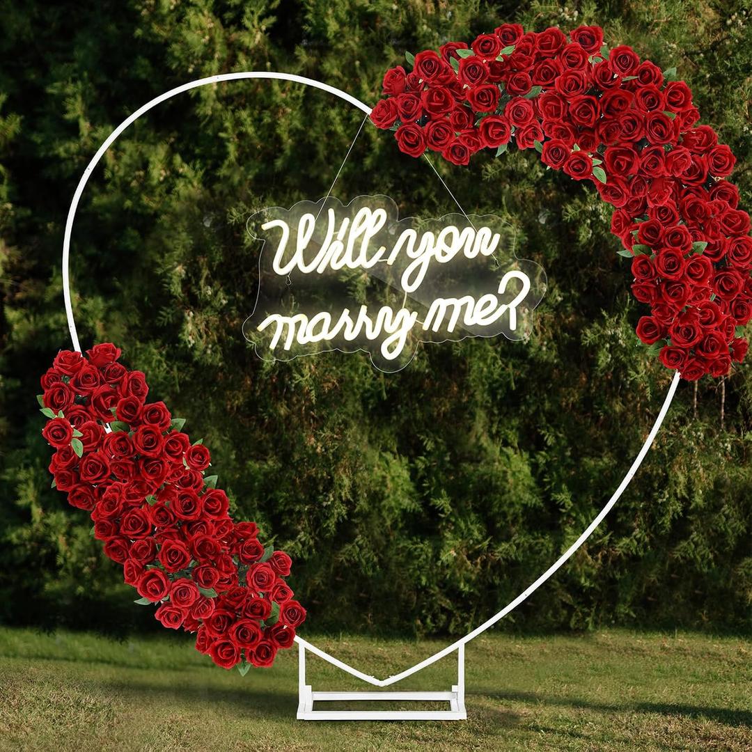 VIHOSE Large Metal Heart Arch Stand and Will You Marry Me LED Neon Light Sign Wedding Hanging Wall Decor for Proposal, Bridal, Engagement and Birthday Party (White, 19.6 x 11.8 Inches)