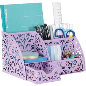 EasyPAG Pen Holder Desk Organizer with Drawer Pencil Cup for Desk 6 Compartments Metal Office Caddy Storage with Sticky Notes Holder for School Home Office, Purple
