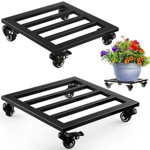 2 Packs Large Metal Square Plant Caddy with Wheels 13.6" and 12" Iron Wrought Rolling Plant Stand with PU Metal Casters Heavy-Duty Plant Dolly Indoor Outdoor Plant Roller Base Planter Movers, Black
