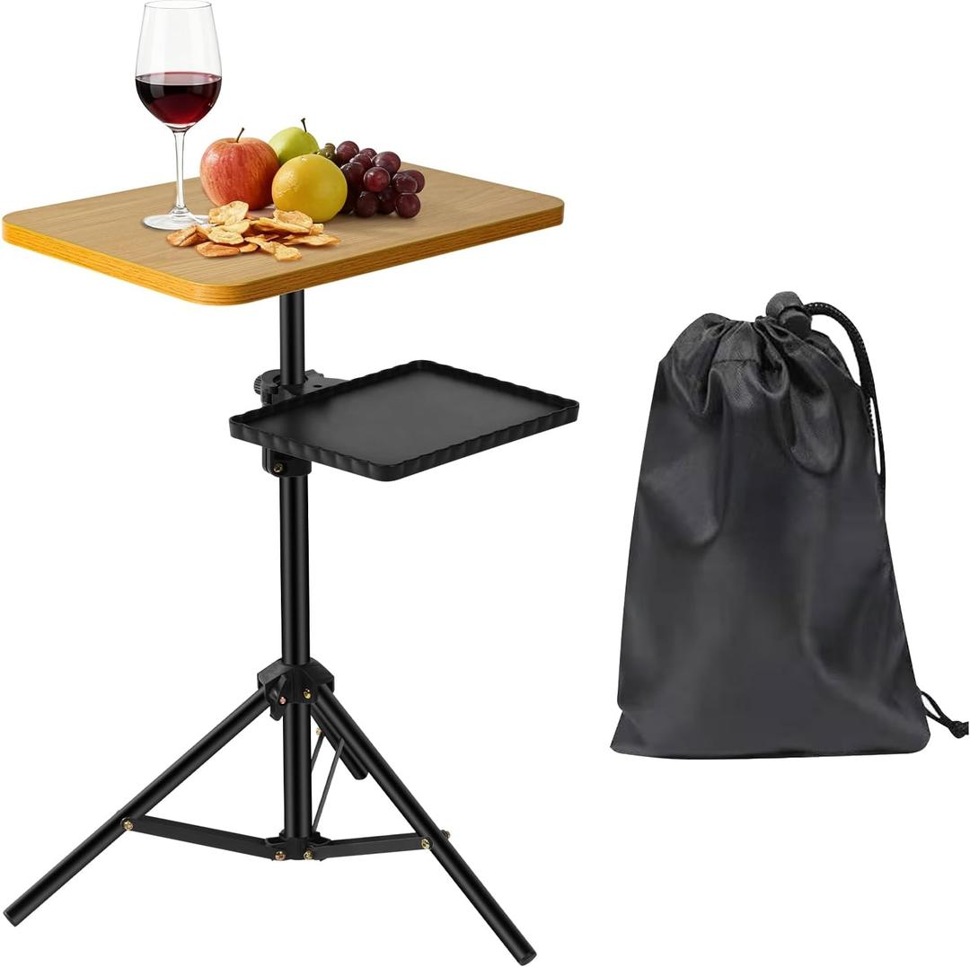 Tinysun Adjustable 2-Tier TV Tray Table, Folding Portable Couch Tray with No Assembly Required, Armrest Snack Table for Sofa Bed & Laptop Use, Multi-Surface Side Table for Living Room (Walnut)