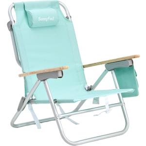 SUNNYFEEL Low Back Folding Beach Chair, Aluminum Heavy Duty Beach Chair with 5-Position, Portable Camping Chair for Adults with Wood Armrest, Lightweight Camping Chair 300lbs, Green, 2.165 ft x 2.165 ft x 2.69 ft