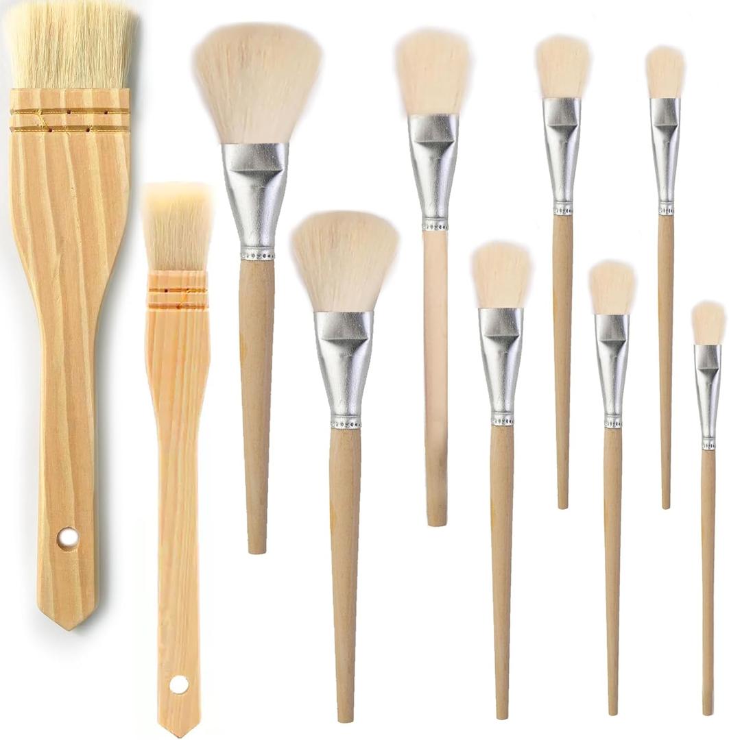 10 PCS Assorted Size Paint Brush Gilding Brush Gold Leaf Goat Hair Duster Flat Hake Brush Sweep Mops for Watercolor, Wash, Ceramic Pottery Painting, Metallic Foil Flakes Art Crafts Supplies