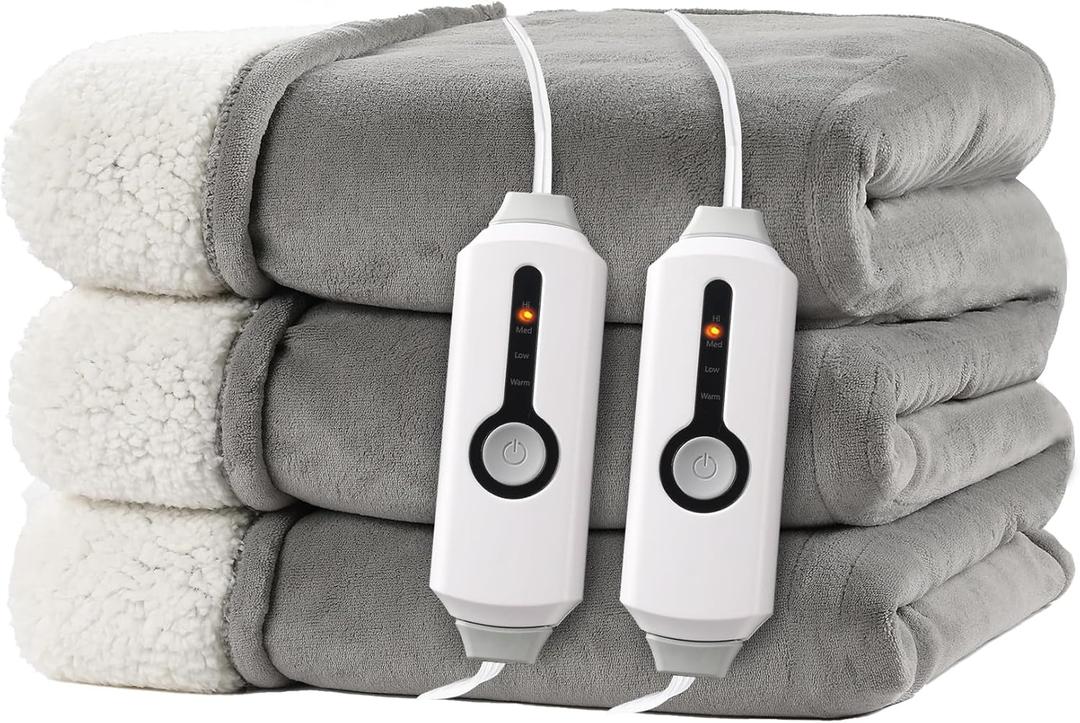 Electric Heated Blanket King Size 90"x100" - Dual-Sided with Microplush & Sherpa Fabric, 4 Heat Settings & 10 Hours Auto Off, Machine Washable - Light Gray