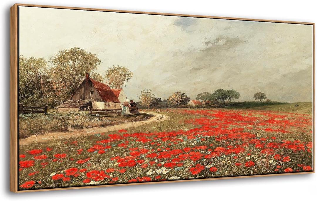 JiazuGo Vintage Farmhouse Framed Wall Art, Red Poppies Field Landscape with Country Cottage, Rustic Canvas Painting Print for Living Room Bedroom Decor, Ready to Hang, 20x40 Inch