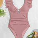 Eomenie Womens Ruffled One Piece Swimsuit Slimming Tummy Control Bathing Suit V-Neck Cutout Swimwear for Resort Wear Bare Pink M 