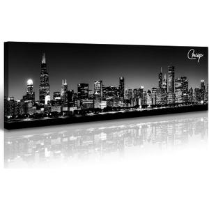 Office Wall Decor Black and White Wall Art Chicago Skyline Pictures for Living Room Modern Large Canvas Print Artwork Stretched and Framed 13.8"X47.3"