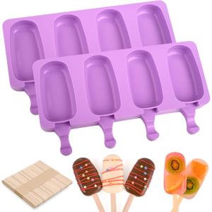 WMKGG Popsicle Silicone Molds Set, 2 PCS Ice Cream Molds with 50 Wooden Sticks for Cake Pop, Ice Pop, Cakesicles (Standard Size/Purple)