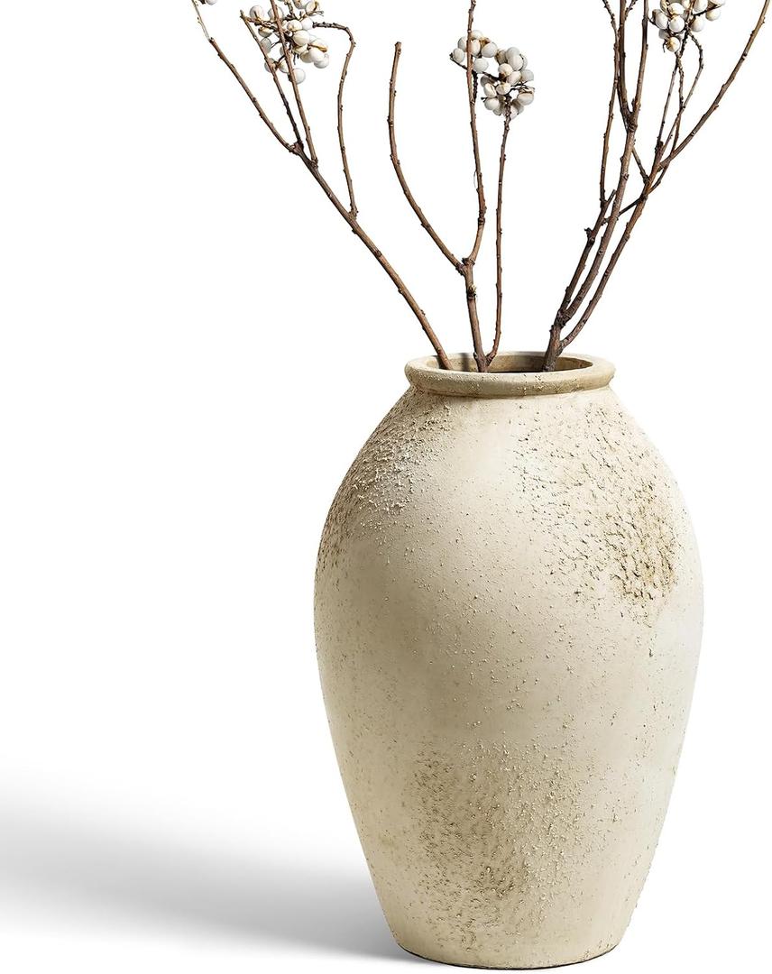LE TAUCI Ceramic Vase, 11.5 Inch Large Rustic Farmhouse Vase, Tall Vase for Home Decor, Living Room Table & Mantel Centerpiece, Watertight & Sturdy, Matte Sandy Beige White