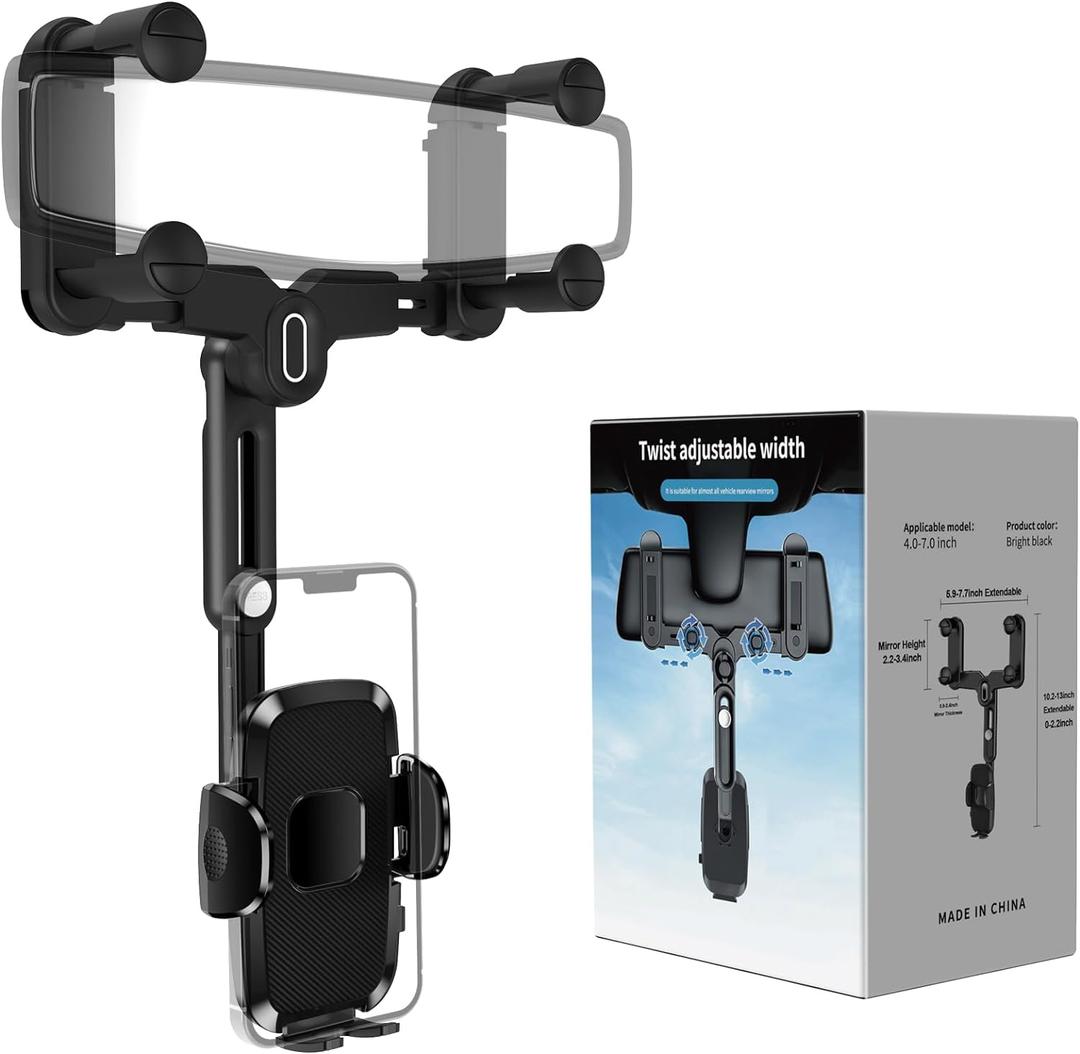 Phone Mount for Car, Rear View Mirror Phone Holder, Rotatable and Retractable Phone Holder for Car Compatible with iPhone Samsung All 4-7 Inch Cell Phones