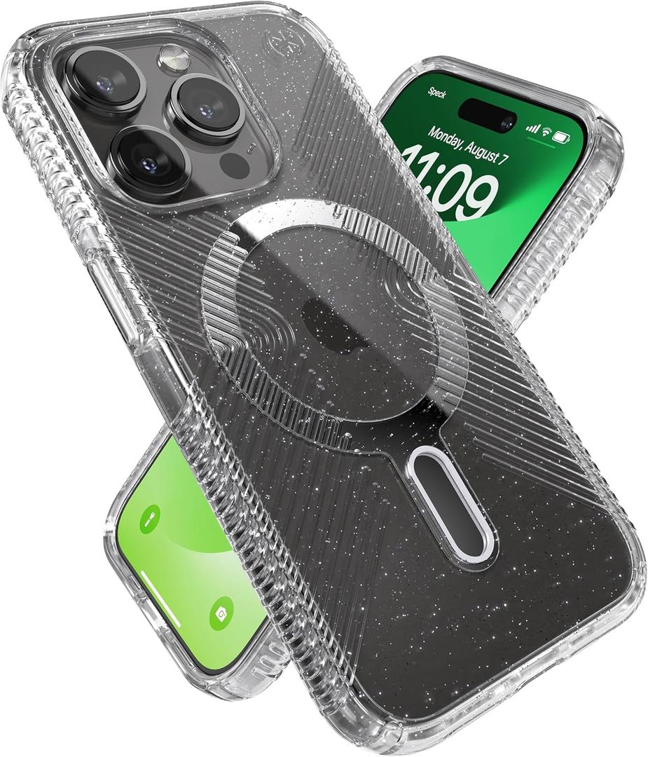 Speck iPhone 15 Pro Case - ClickLock No-Slip Interlock, Built for MagSafe, Drop Protection Grip - Anti-Yellowing 6.1 Inch Phone Case - Presidio Lux Grip Clear/Platinum Glitter