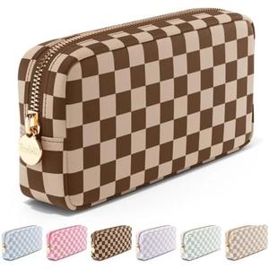 Makeup Bag Travel Cosmetics Pouch and Toiletry Bag, Nylon Zipper Pouch Purse, Cute Make Up Organizer Storage Tote for Women Girls, Travel Skincare Case, Small Makeup Case, Chocolate Sand Checkered