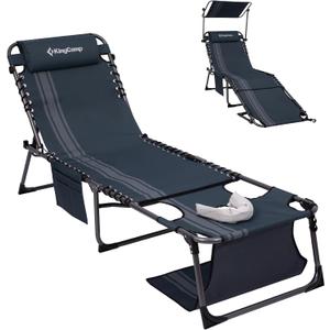 KingCamp 400LBS Lounge Chair with Face Hole & Canopy Shade, Blue/Grey | Folding Portable Tanning Chair with Pinch-Proof Safety Design, Adjustable 5-Position, For Beach Patio Outdoor Pool