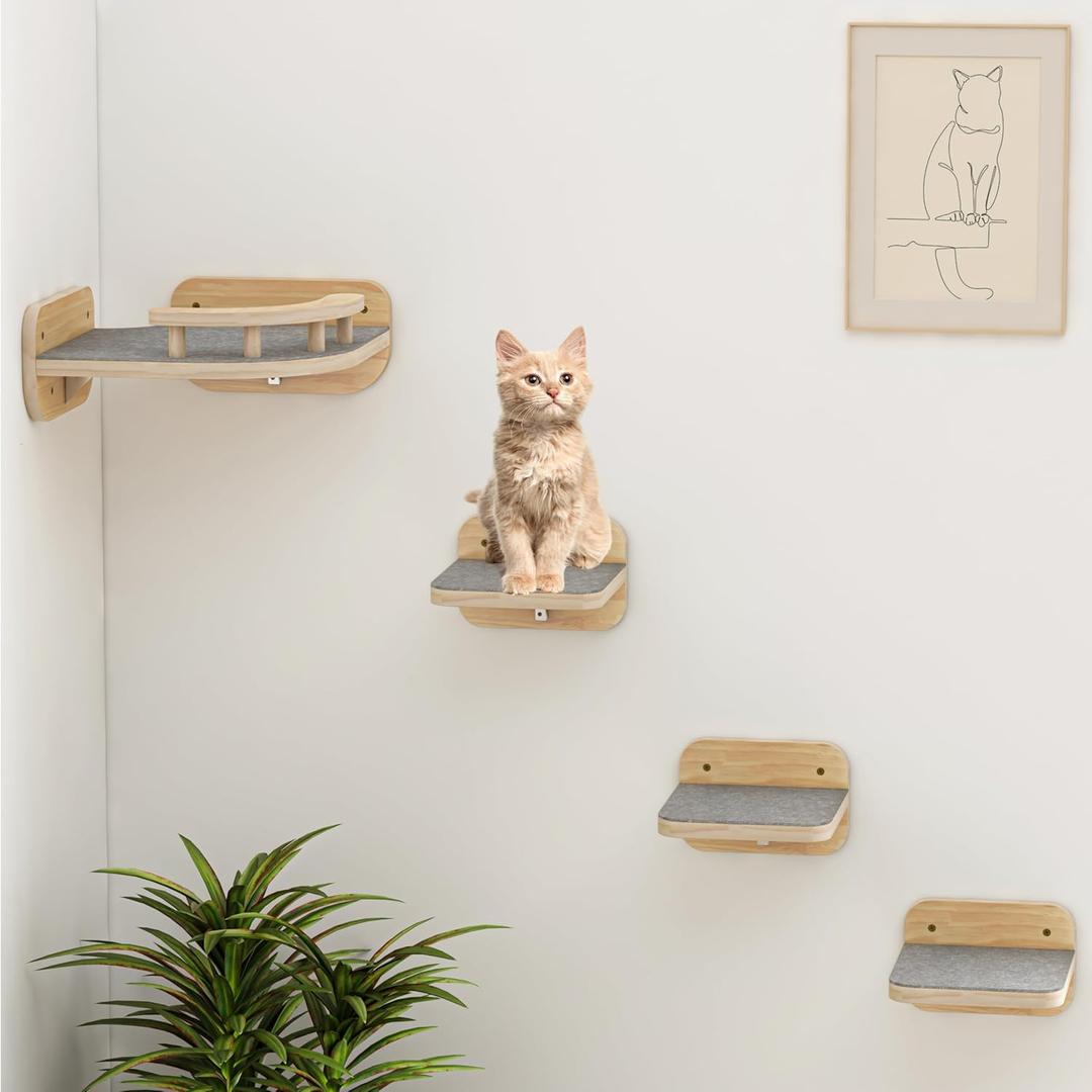 Megidok Cat Wall Furniture Corner Climbing Shelf Perches, Cat Bed Wall Mounted with 3 Wide Steps,Modern Floating Stairs for Wall Indoor Cats up to 22 Lbs for Cats - Wood Color