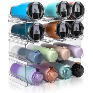 Stackable Water Bottle Organizer, Large Compartment Water Bottle Holder, 4 Tier Clear Water Bottle Organizer for Cabinet, Bottle Rack for Kitchen Organization and Storage - Hold 16 Bottles (4 Pack)