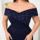 Plus Size Off The Shoulder Mermaid Maxi Dress Rhinestone Ruched Slit Formal Evening Gown Wedding Guest Cocktail (Blue, XL)